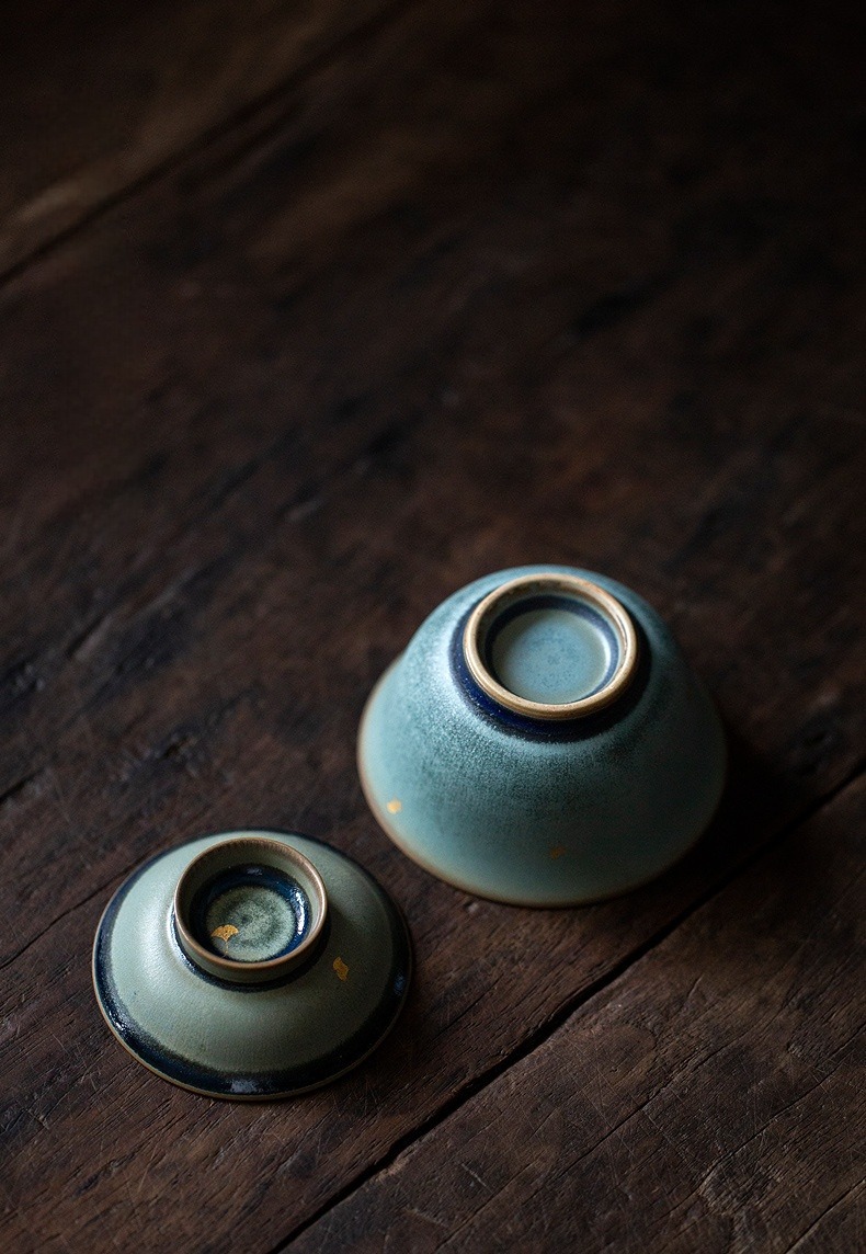Vintage Style Stoneware Gaiwan, Handmade Fambe Blaze Tea Set 90ml