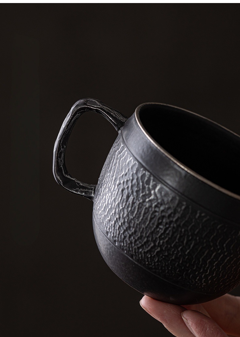 Black Iron Mug, Stoneware Coffee Mug with Saucer Set 250ml, Handmade Pottery Mug