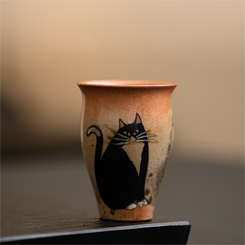 Japanese Shino Ware Style Black Cat Tea Cup 50ml