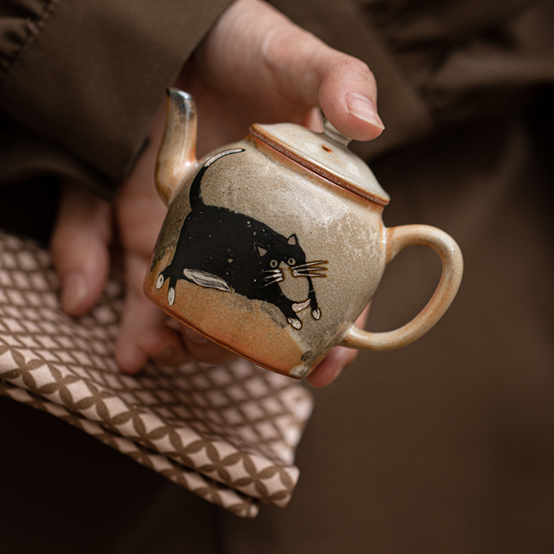 Japnese Shino Ware Style Black Cat Teapot 100ml