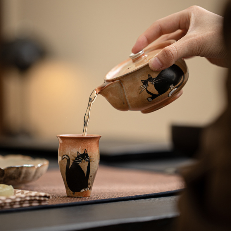 Japanese Shino Ware Style Black Cat Tea Cup 50ml