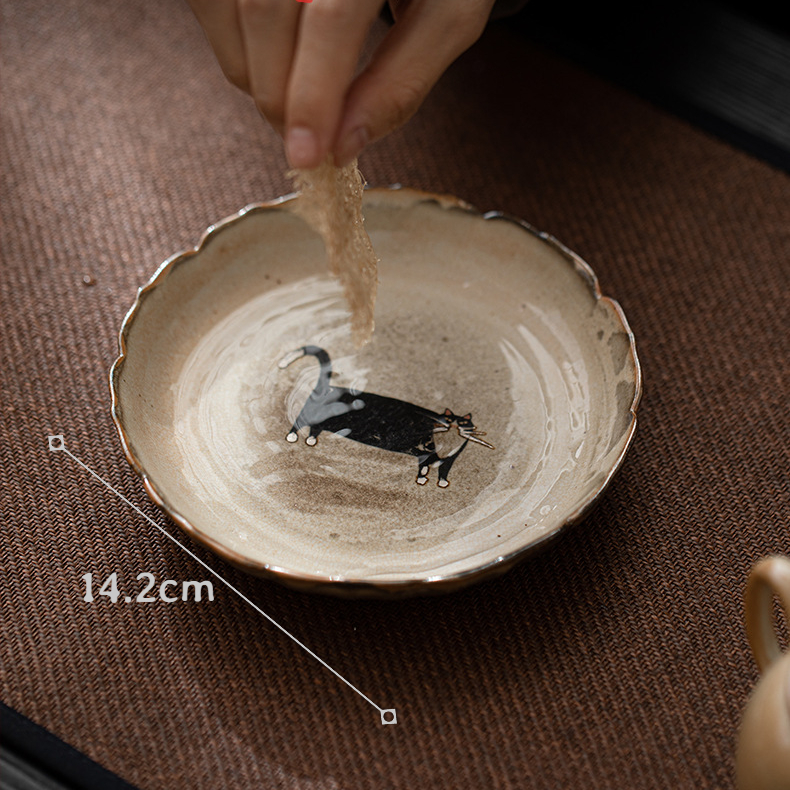 Japanese Shino Ware Style Black Cat Saucer For Teapots
