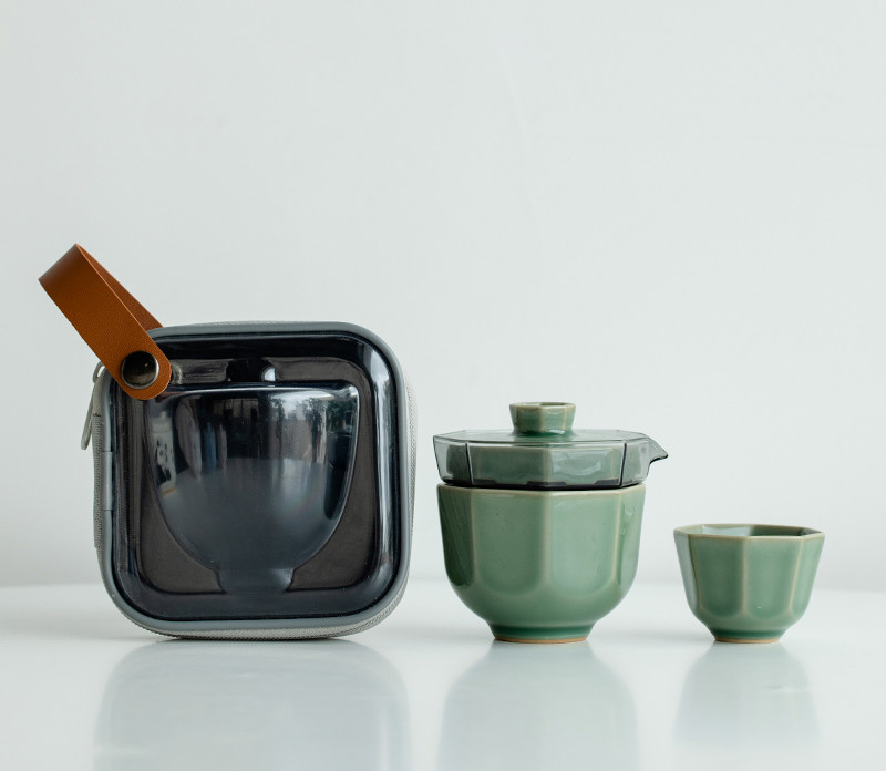 Marble Green Travel Tea Set, 1 Glass Teapot+2 Ceramic Cups