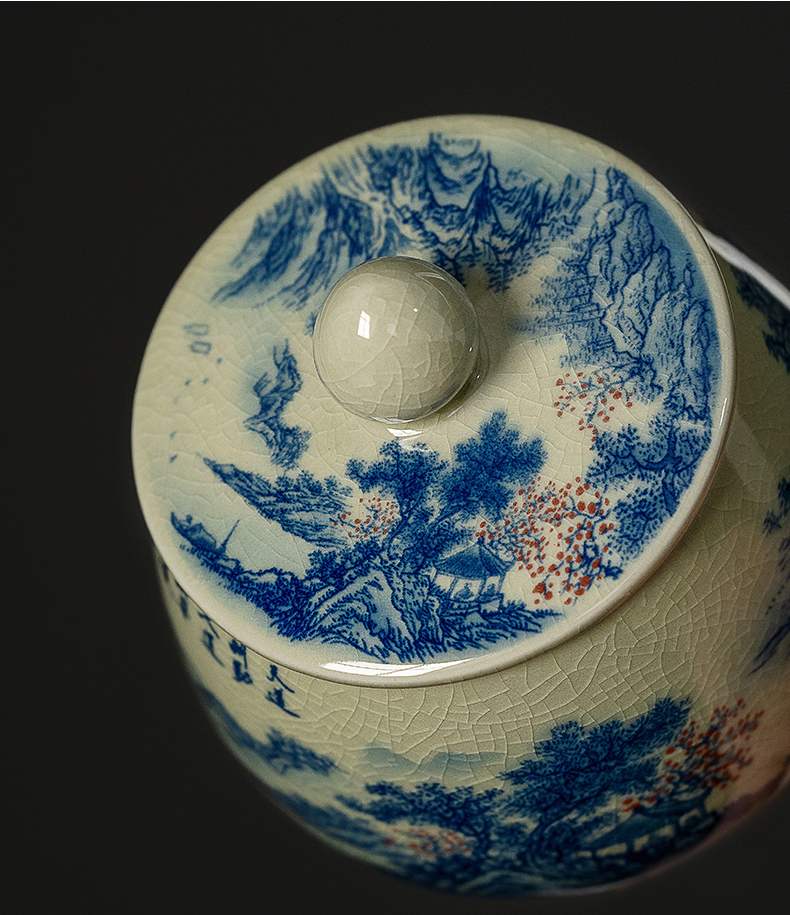 Tea Canister Landscape and Calligraphy 300ml, Blue and White Jingdezhen Pottery