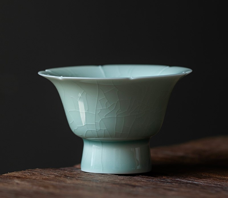 Ice Flower Tea Cup with Saucer 60ml, Misty Blue Ice Crackle Glaze, Chinese Kung Fu Tea Cup Set