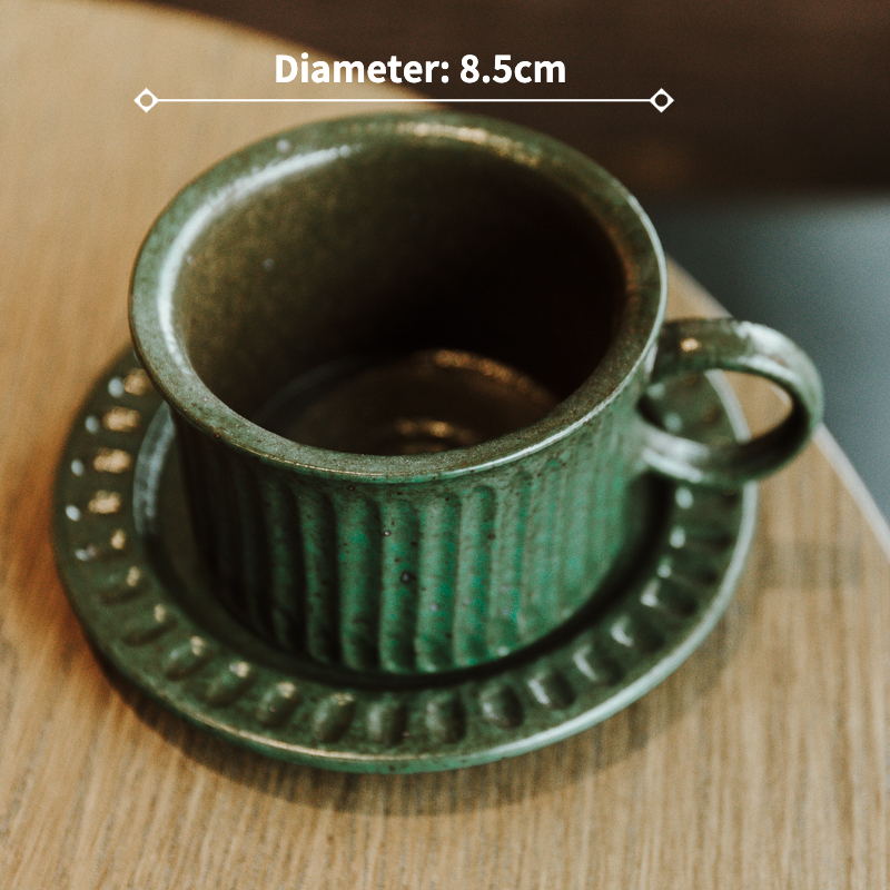 Fambe Green Stoneware Mug with Saucer, Japanese Vintage Style Coffee Cup Set 150ml