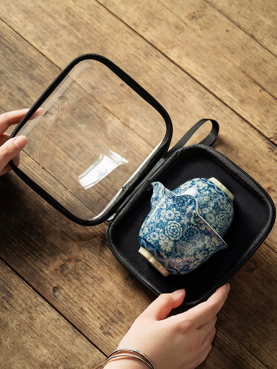Blue and White Porcelain Teapot and Cup Travel Tea Set, 1 Teapot+3 Cups with Case