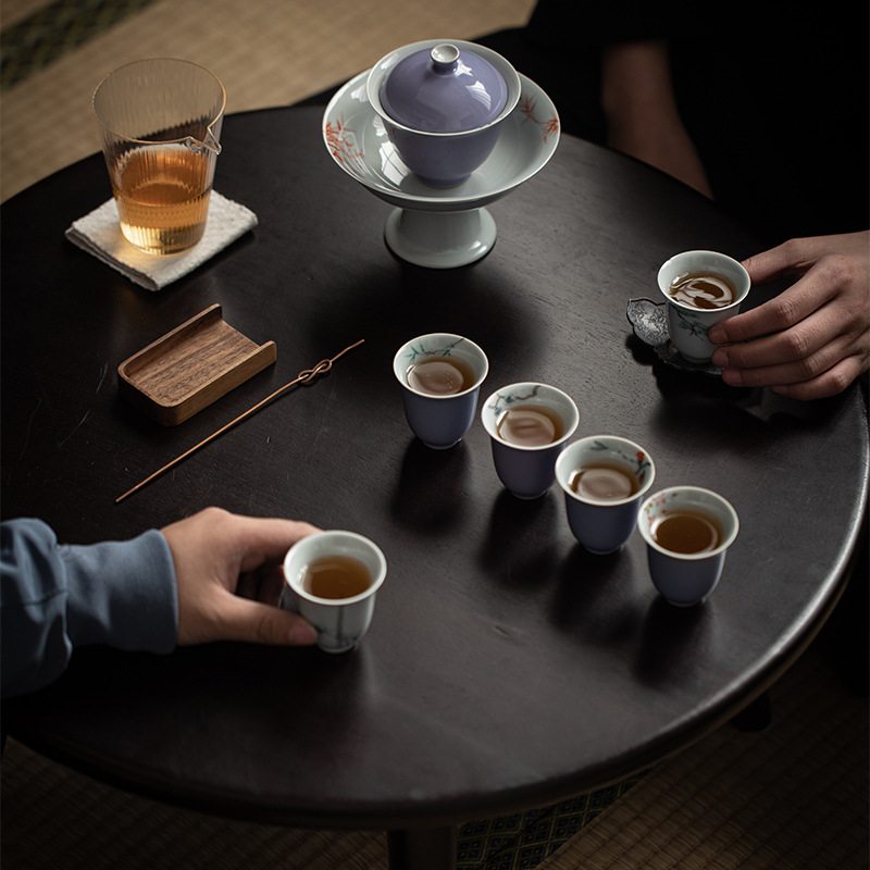 Purple Porcelain Tea Cup Set of 4 PCS, Flower and Bamboo Patterns