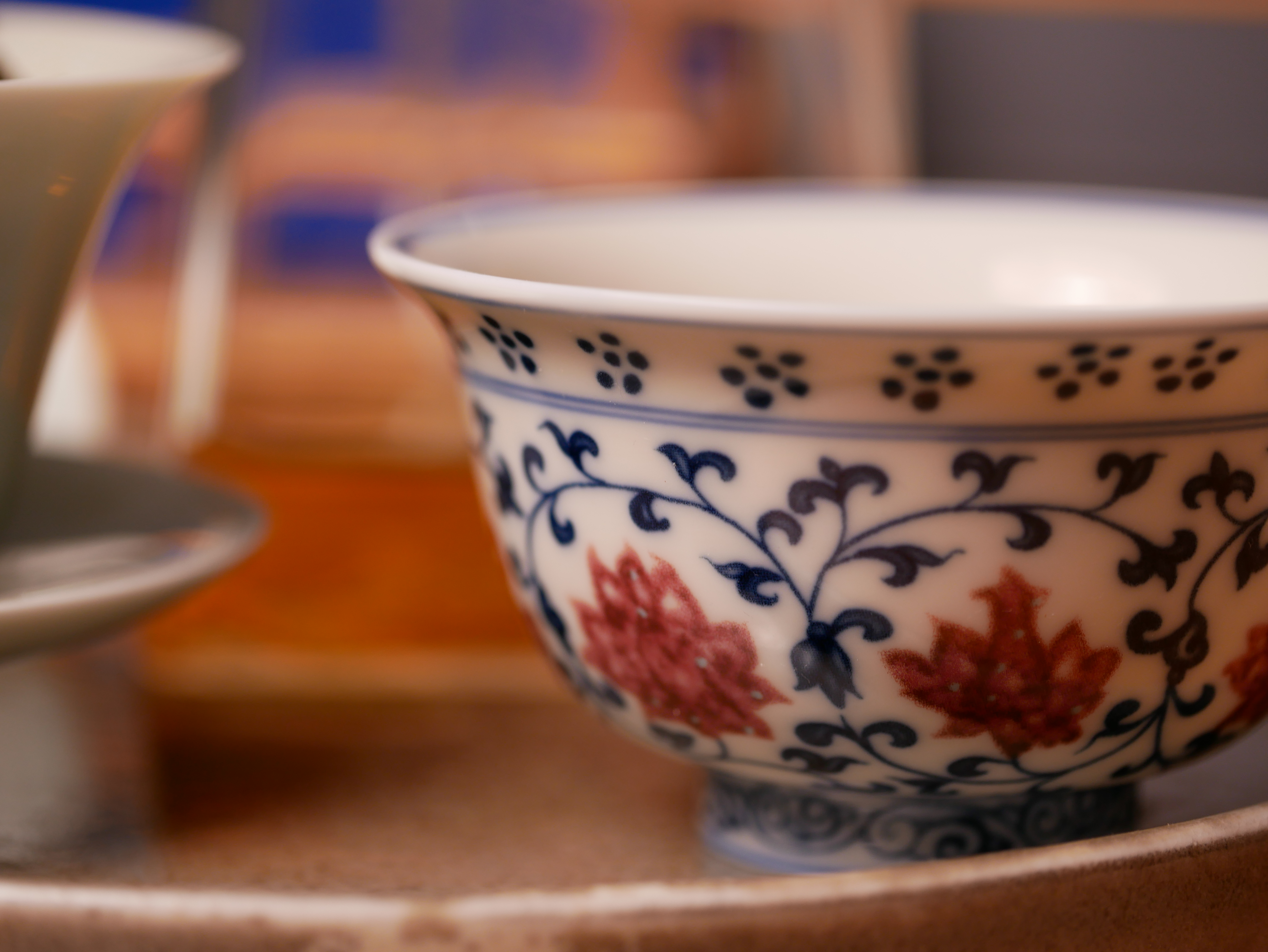 Porcelain Kungfu Tea Cup, Retro of Ming Dynasty Yongle Style, Underglaze Red and Blue, Press-Hand Cup 100ml