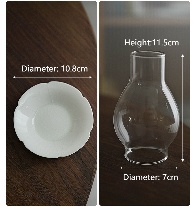 Japanese Style Tealight Candle Holder, Glass Shade+Ash White Porcelain Tray, Tea Room Decor