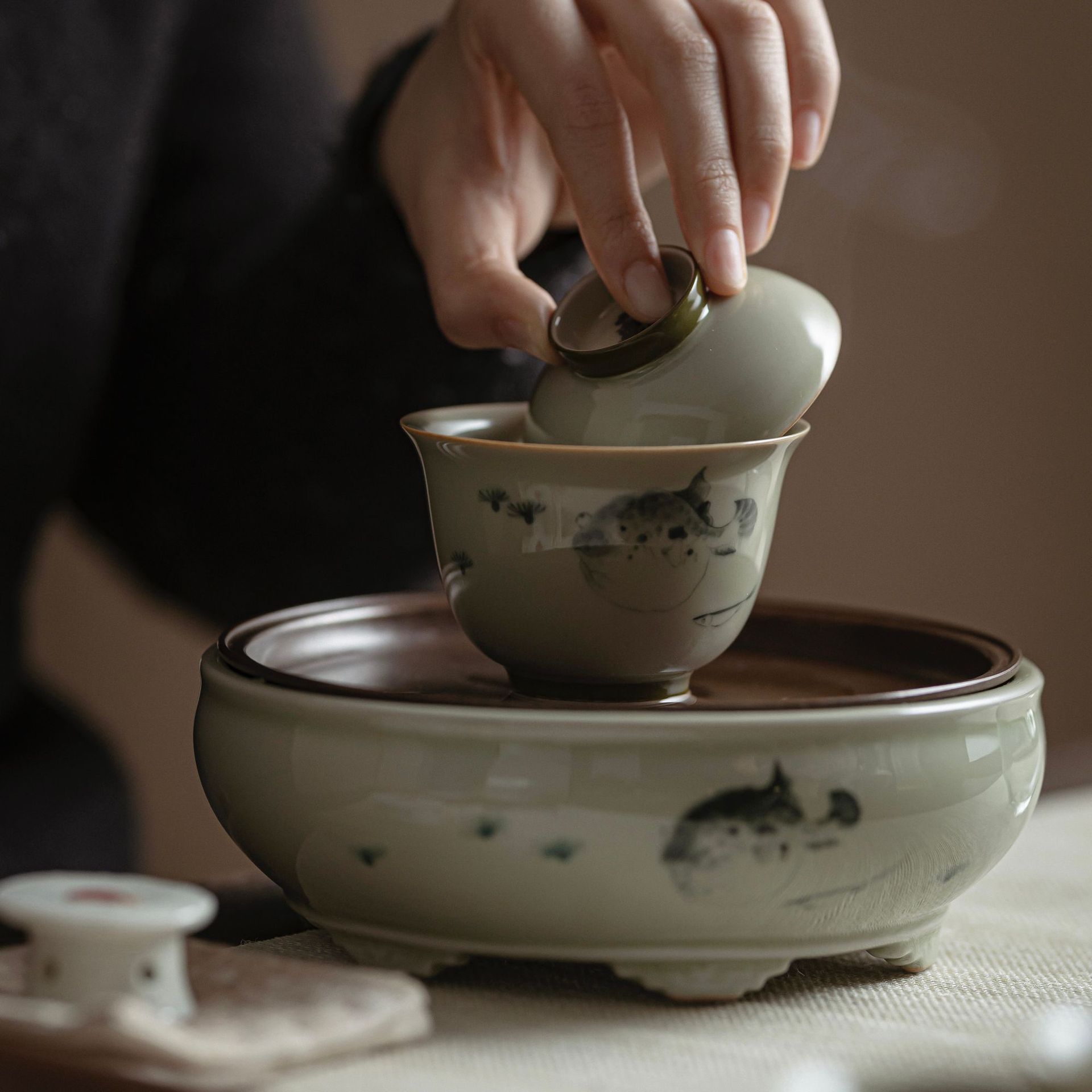 Ceramic Tea Tray Balloonfish Pattern, Kung Fu Tea Pot Holder Trivet