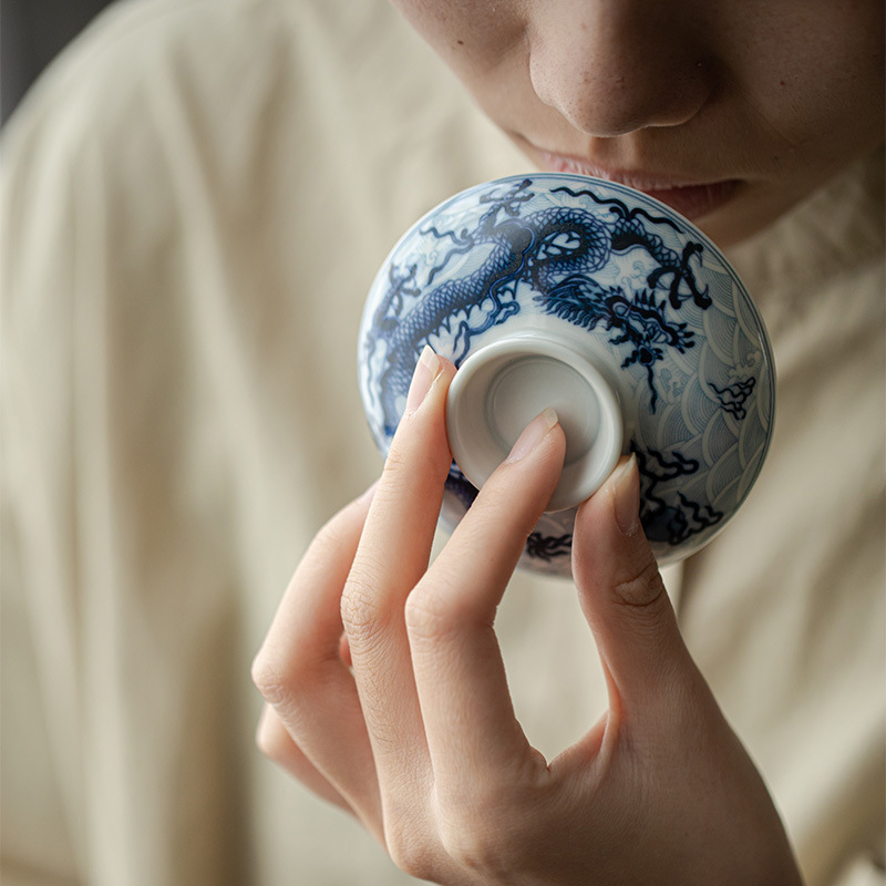 Chinese Dragon Gaiwan Set, Blue and White Porcelain