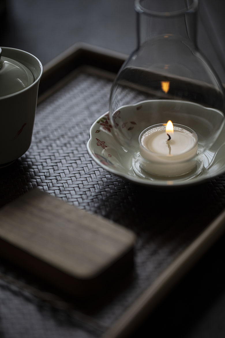 Japanese Style Tealight Candle Holder, Glass Shade+Porcelain Tray with Flower Pattern, Tea Room Decor