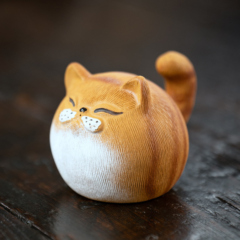 Cute Chubby Cat, Purple Clay Tea Pet, Black/Orange Kitty
