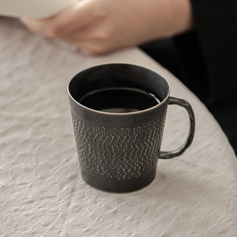 Black Iron Mug, Stoneware Coffee Mug with Saucer Set 350ml, Handmade Pottery Mug