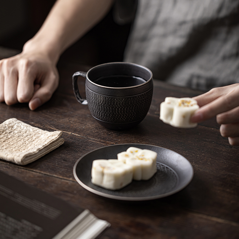 Black Iron Mug, Stoneware Coffee Mug with Saucer Set 250ml, Handmade Pottery Mug