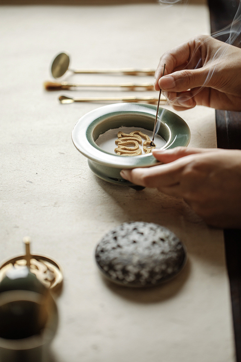 Vintage Style Brass Incense Tool Set with Celadon Ceramic Container, Incense Making Tool Kit