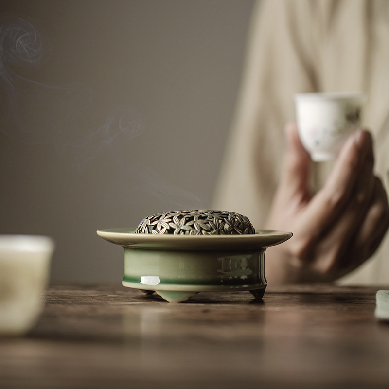 Minimal Style Celadon Incense Burner with Copper Cover and Flower Pattern