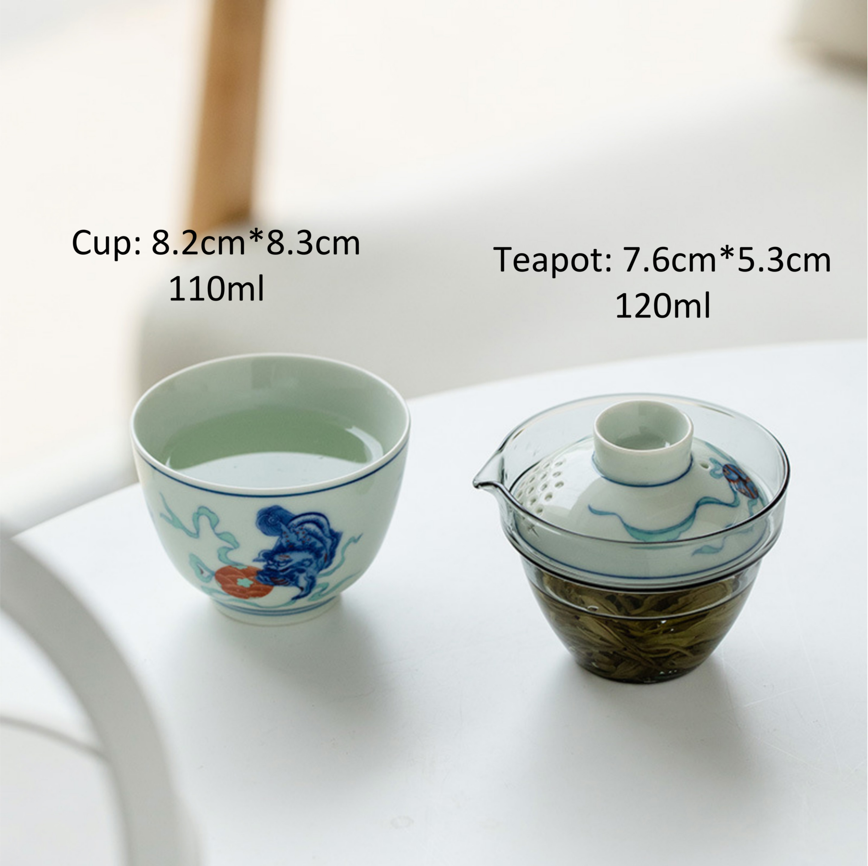 Lion/Dragon Pattern Travel Tea Set, 1 Glass Teapot+1 Ceramic Cup
