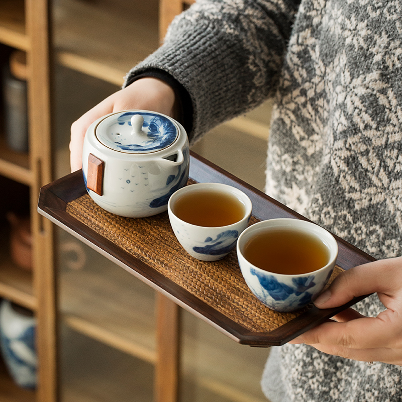 Blue and White Porcelain Travel Tea Set, 1 Teapot+2 Cups