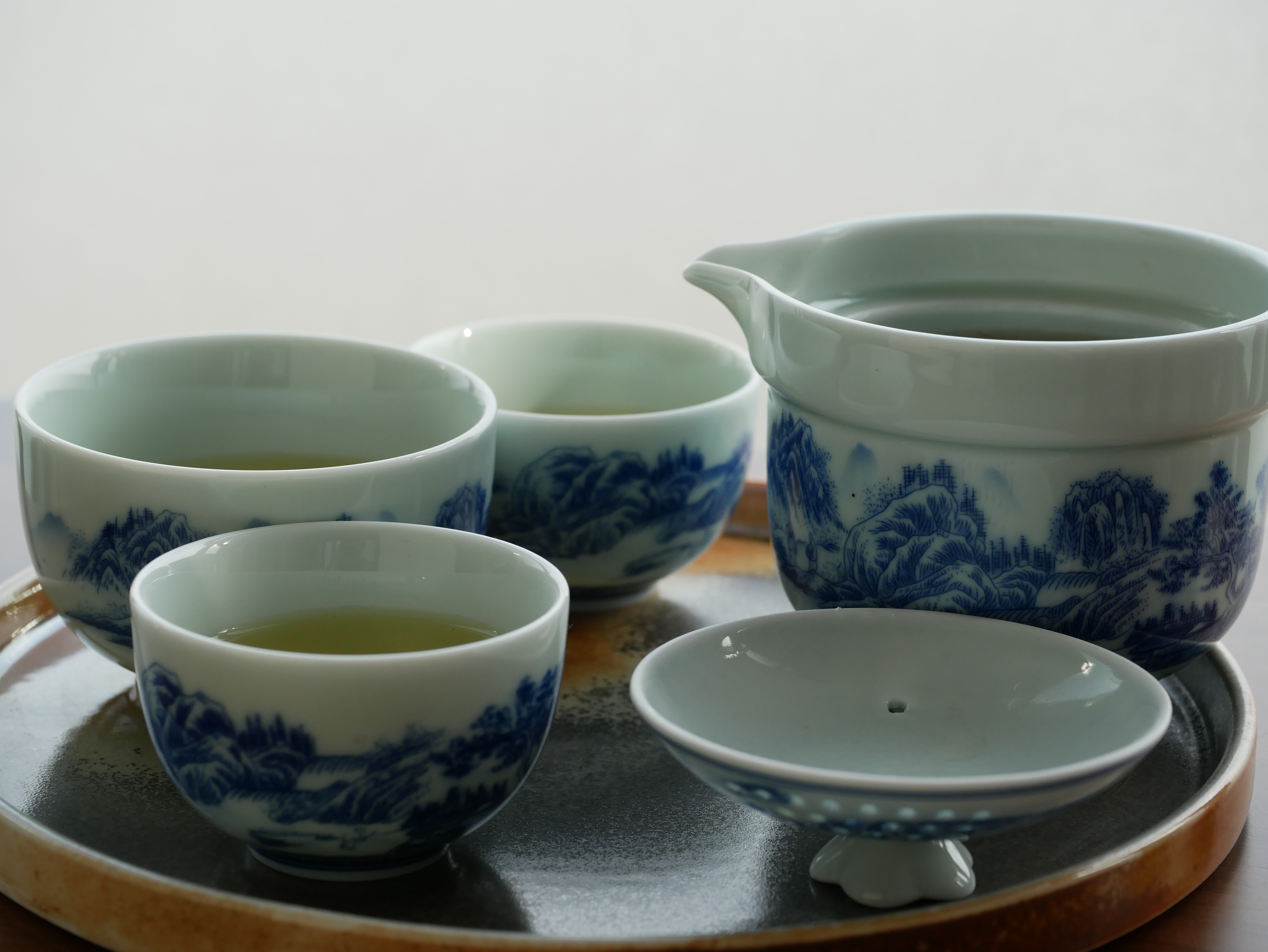 Blue-and-White Porcelain Travel Tea Set, 1 Teapot+3 Cups, Traditional Chinese Landscape Imagery 200ml