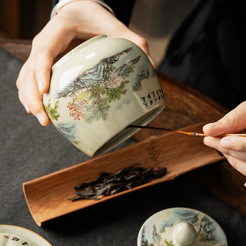 Tea Canister Landscape and Calligraphy 300ml, Blue and White Jingdezhen Pottery