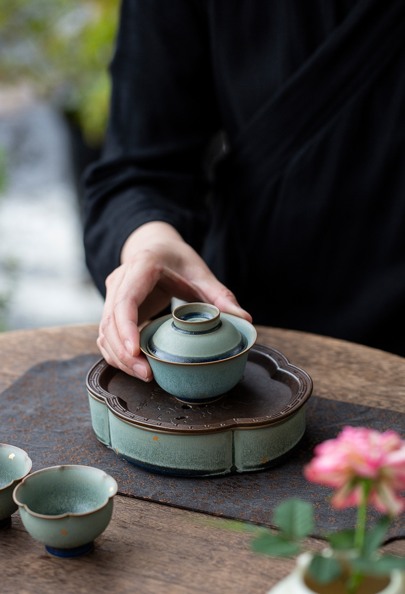 Vintage Style Kung Fu Tea Tray, Fambe Blaze Jingdezhen Pottery