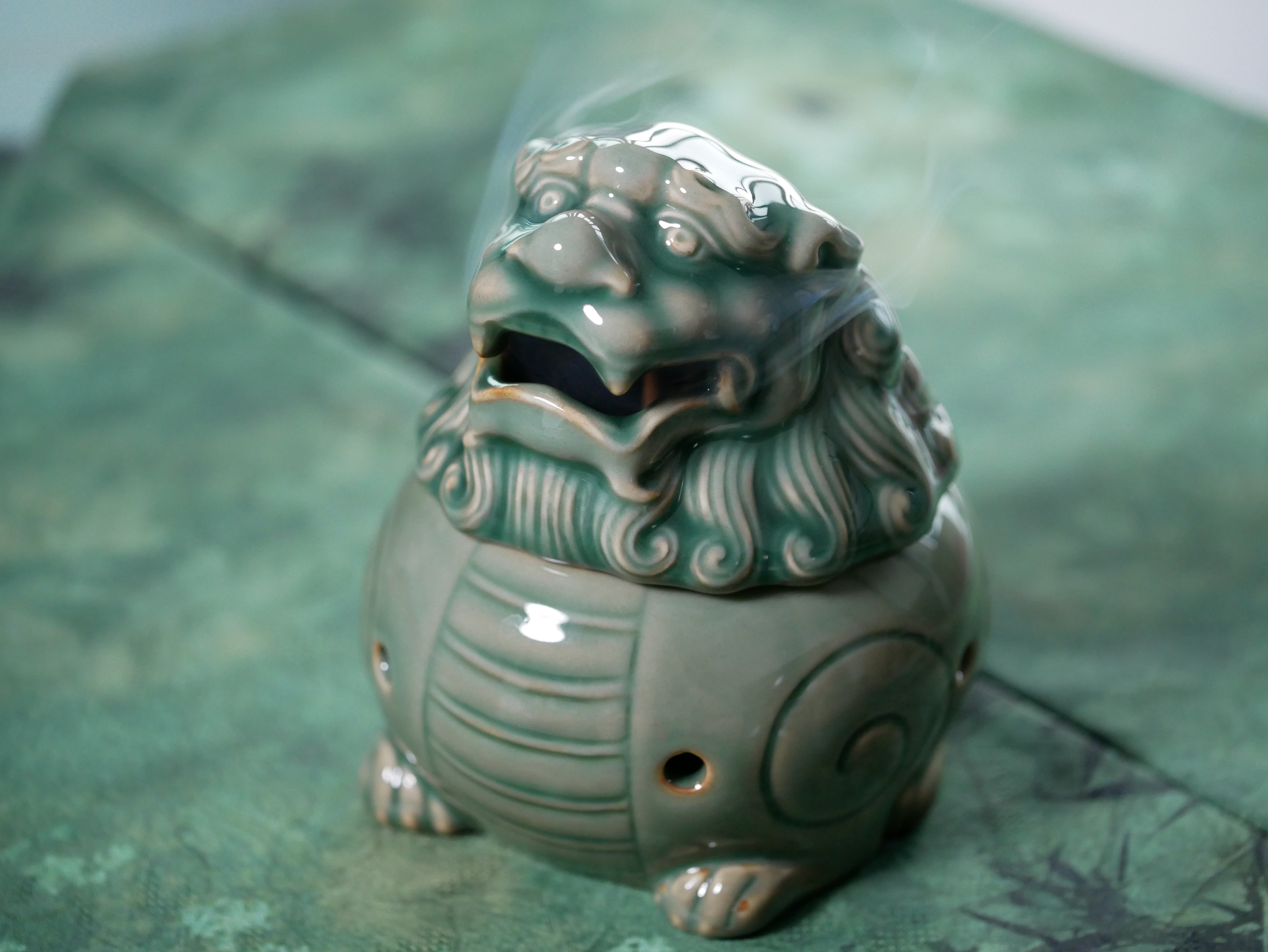 Holy Lion Incense Burner, Celadon Incense Burner Lion Figurine