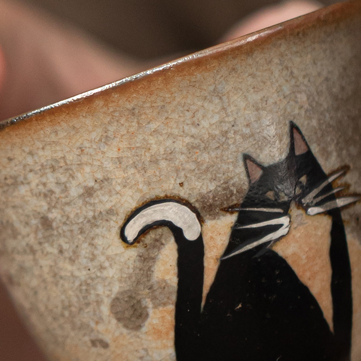 Japanese Shino Ware Style Black Cat Tea Cup