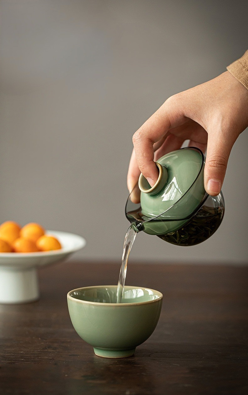 Marble Green Travel Tea Set, 1 Glass Teapot+ 1Ceramic Cup