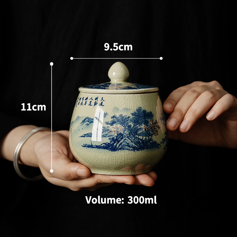 Tea Canister Landscape and Calligraphy 300ml, Blue and White Jingdezhen Pottery