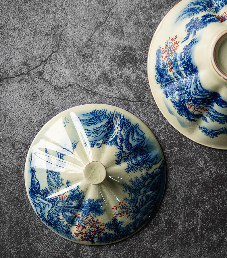 Porcelain Gaiwan Tea Set 130ml, Blue and White Landscape Pattern