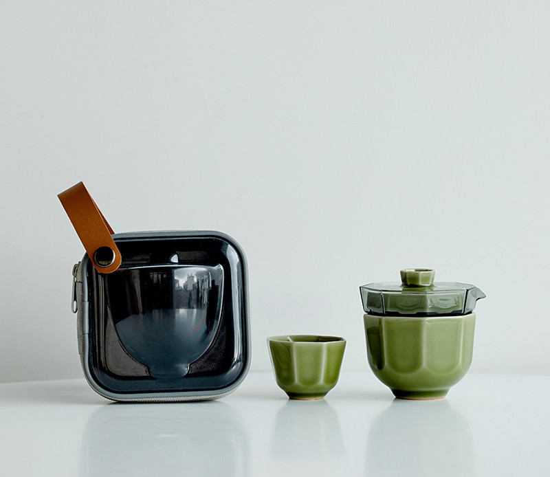 Marble Green Travel Tea Set, 1 Glass Teapot+2 Ceramic Cups