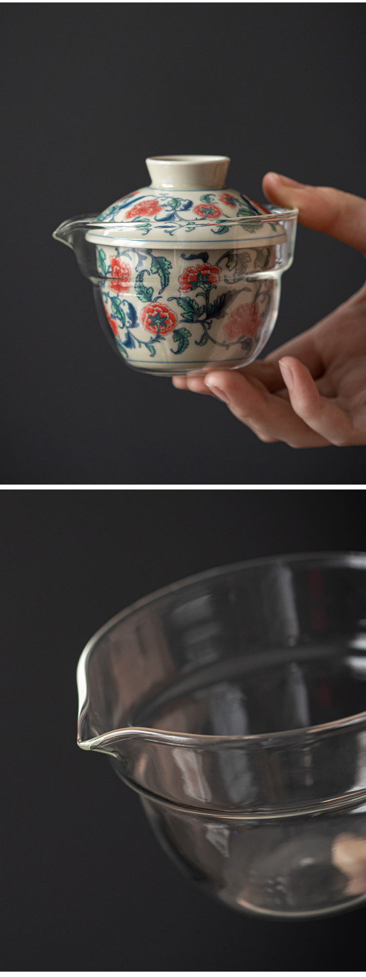 Flower Travel Tea Set, 1 Glass Teapot+2 Ceramic Cups