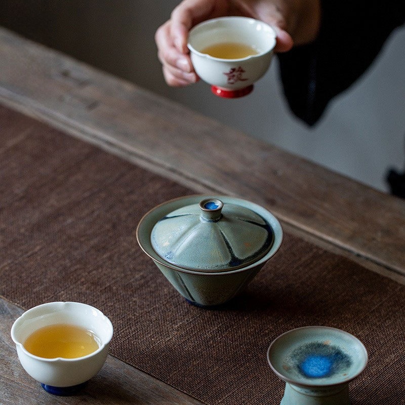 Vintage Style Stoneware Gaiwan, Handmade Fambe Blaze Tea Set 125ml