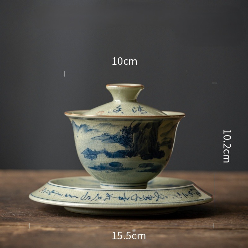 Porcelain Gaiwan Tea Set with Landscape and Calligraphy Pattern, Blue and White Porcelain Jingdezhen Pottery