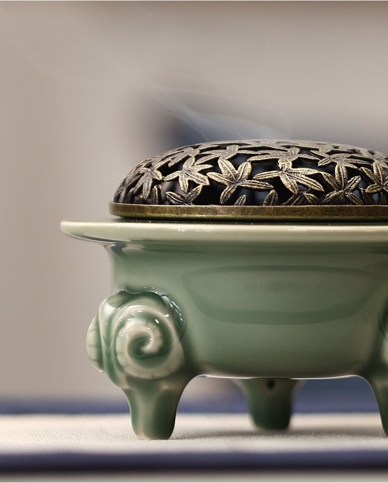 Traditional Celadon Incense Burner with Copper Cover 