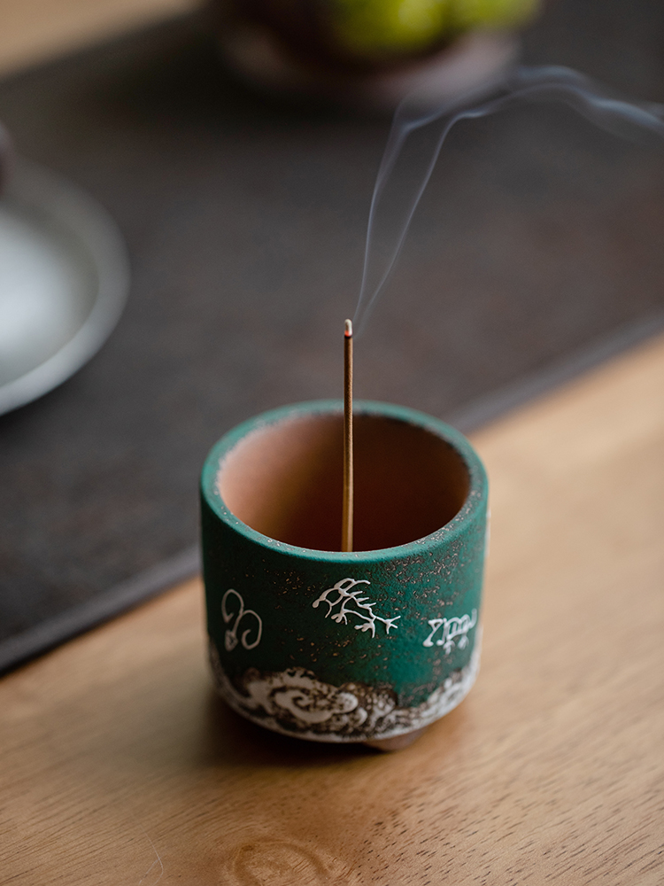 Green Ceramic Incense Burner with Oracle Deco