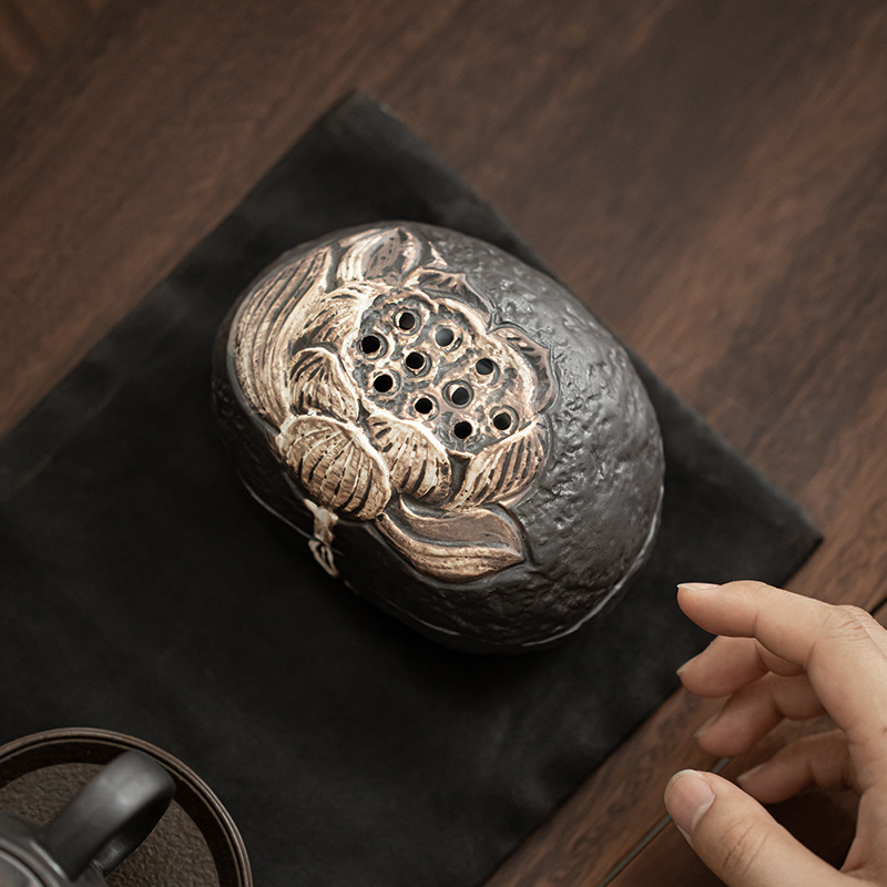 Japanese Style Stoneware Incense Burner, Vintage Look Wabi-Sabi Lotus Style