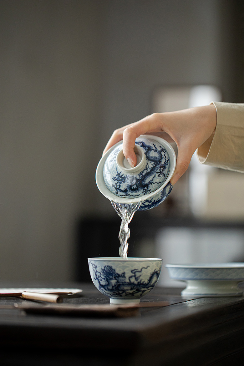 Chinese Dragon Gaiwan Set, Blue and White Porcelain