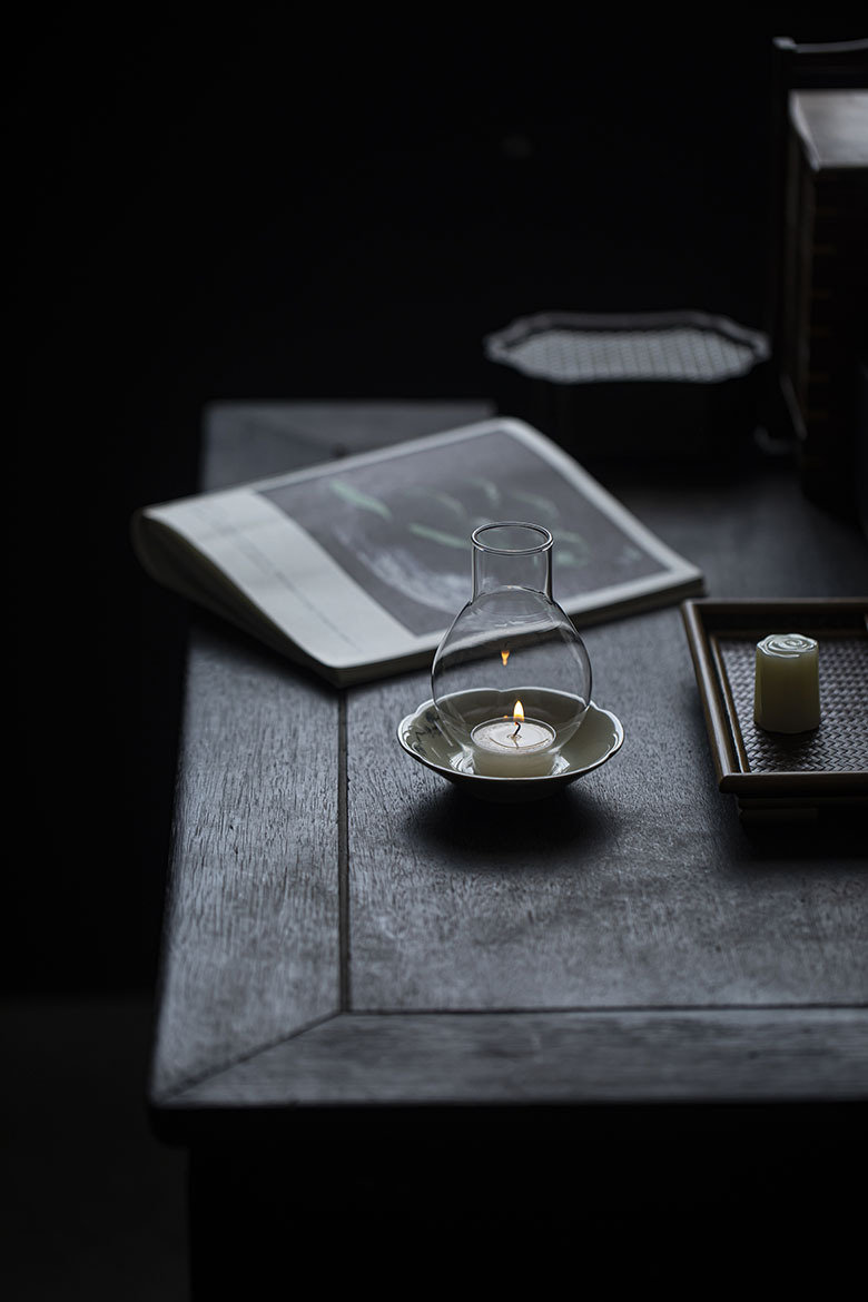 Japanese Style Tealight Candle Holder, Glass Shade+Porcelain Tray with Flower Pattern, Tea Room Decor