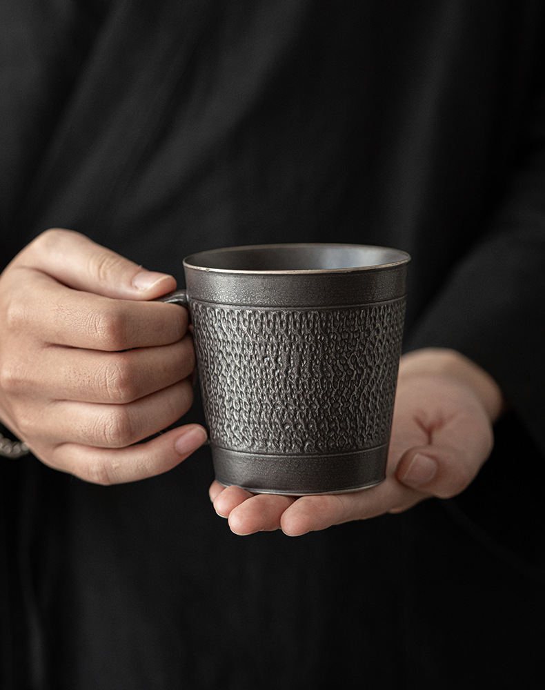 Black Iron Mug, Stoneware Coffee Mug with Saucer Set 350ml, Handmade Pottery Mug
