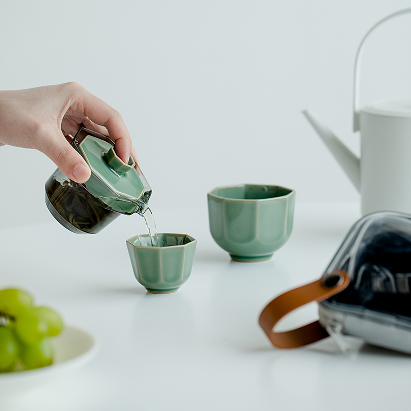 Marble Green Travel Tea Set, 1 Glass Teapot+2 Ceramic Cups