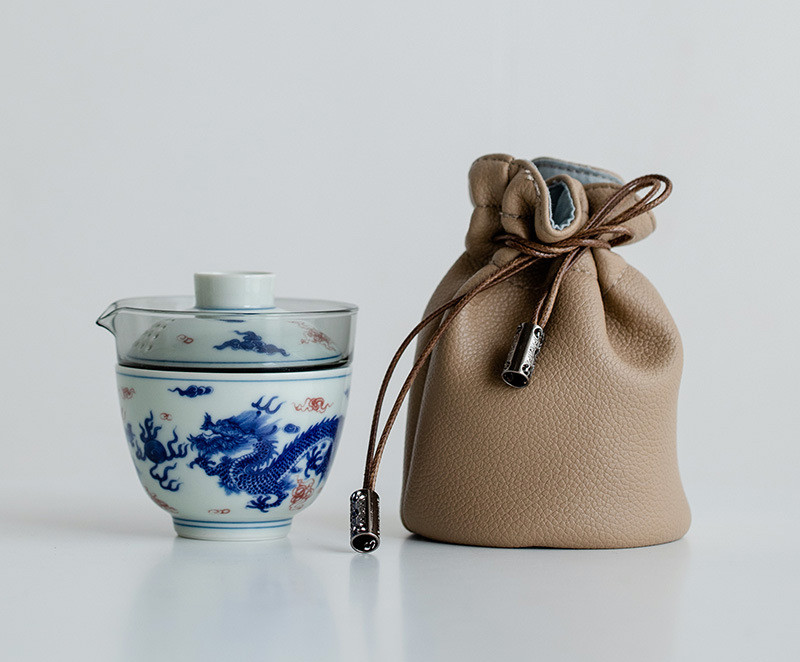 Lion/Dragon Pattern Travel Tea Set, 1 Glass Teapot+1 Ceramic Cup