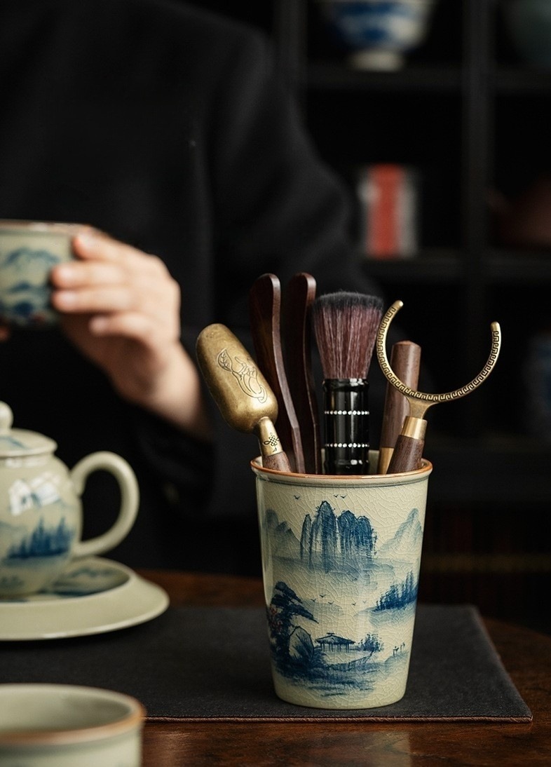 Tea Ceremony Tool Kit, Kung Fu Tea Accessories Set with Landscape Ceramic Container, Blue and White Jingdezhen Pottery