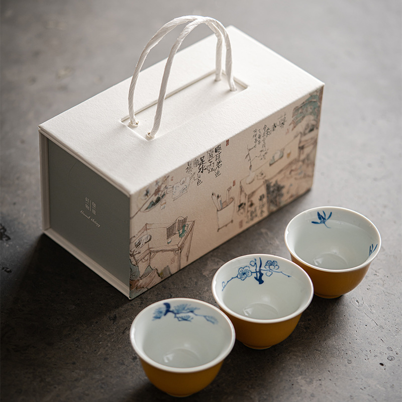 Yellow Tea Cup Set(3pcs) with Bamboo and Flower Deco