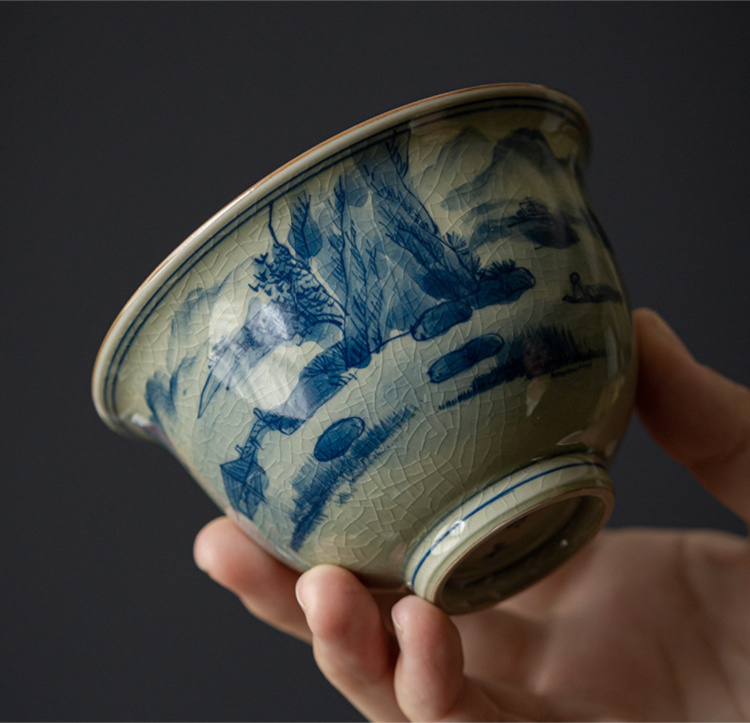 Porcelain Gaiwan Tea Set with Landscape and Calligraphy Pattern, Blue and White Porcelain Jingdezhen Pottery