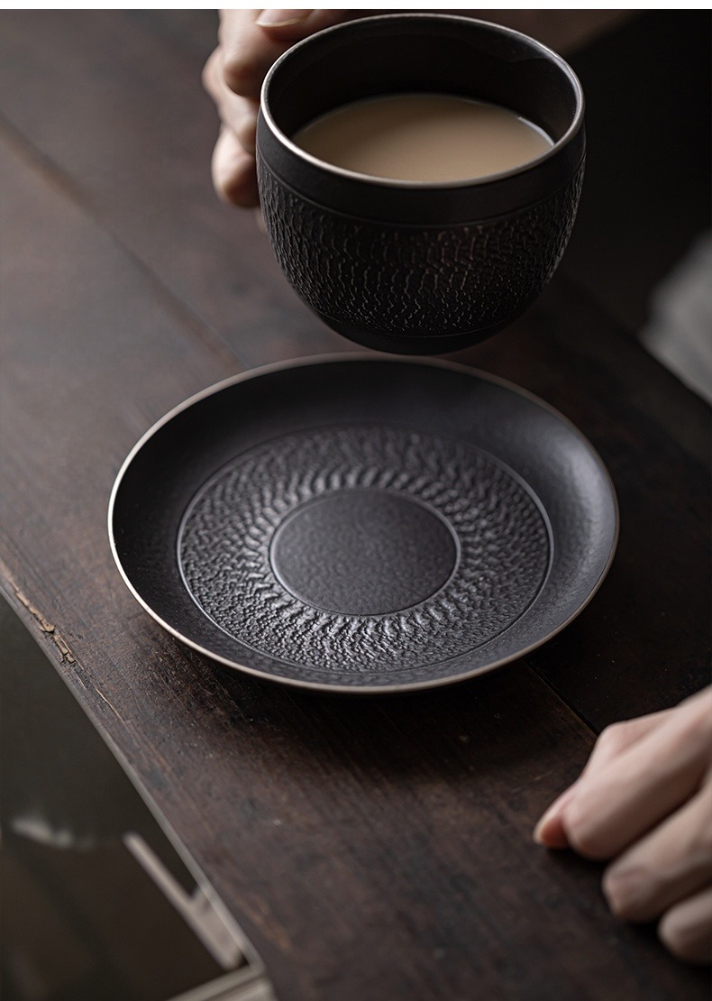 Black Iron Mug, Stoneware Coffee Mug with Saucer Set 250ml, Handmade Pottery Mug