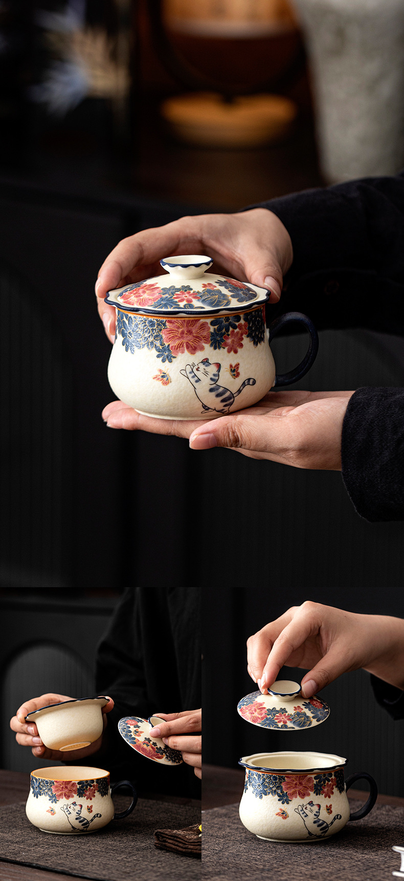 White Cat Ceramic Mug with Strainer 135ml