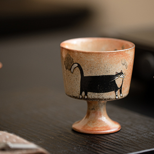 Japanese Shino Ware Style Black Cat Tea Cup